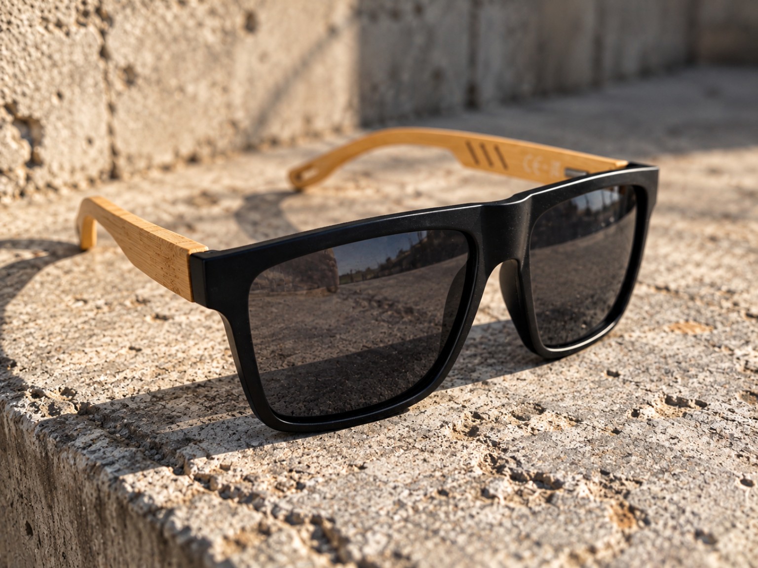 Lentes negros de patillas efecto bambú sobre cemento